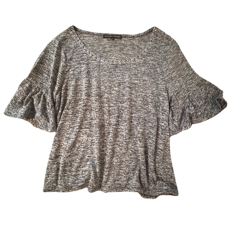 Always Indigo Gray Knit Flutter Sleeves Top – Rhinestone Scoop Neck, Size L